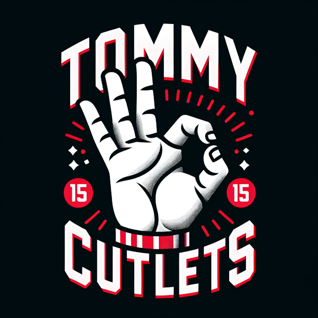 A white vector graphic of ‘mano a borsa’ hand gesture to symbolize “perfection”. with The text : “Tommy Cutlets” ,should be bold and prominent, utilizing a football jersey font. Design the text in the white and red colors with number 15, The black background will make the white hand gesture and the colored text pop, perfect for t-shirt printing.