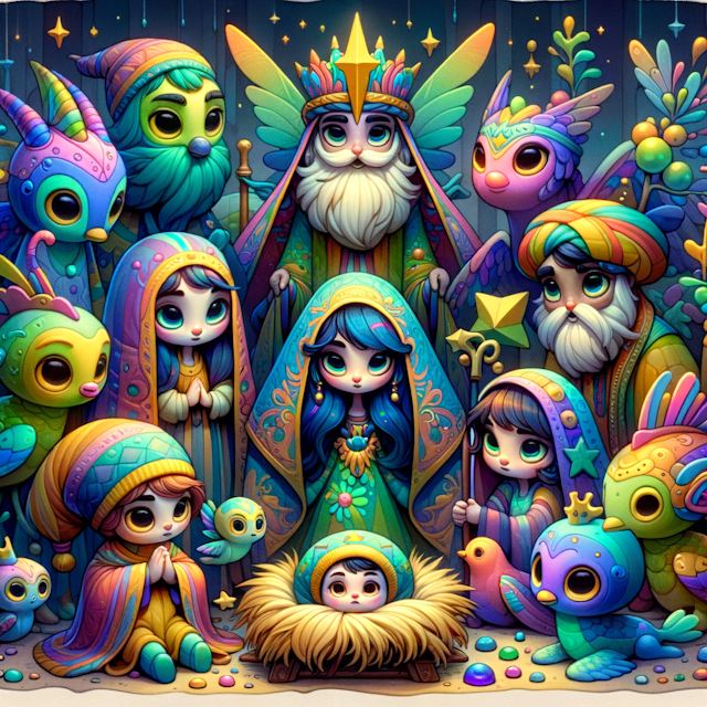 a whimsical Disney Pixar-style nativity scene, with vibrant colors and charming characters, captured in a digital painting with soft brushstrokes, playful facial expressions, inspired by Toy Story and Finding Nemo, fantasy-inspired