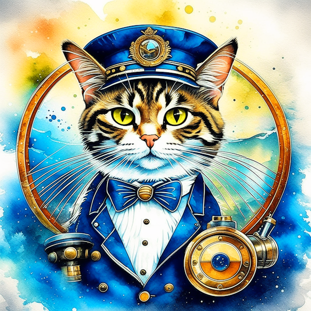 A cat dressed in a sailors uniform and monocle, painted with vibrant watercolor tones, whimsical lighting, mischievous facial expression, captured with a vintage film camera, retro-inspired, nautical-themed composition, Watercolor