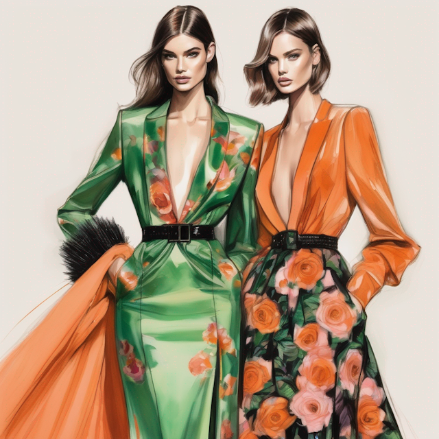 create a fashion drawing of womens in haute couture style fashion dresses, pink green orange and black colors and subtle, flowery texture