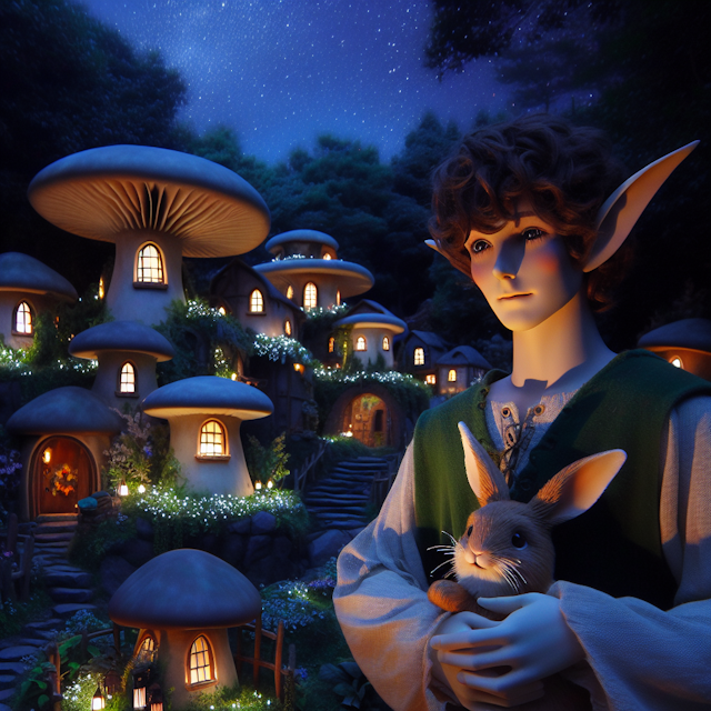 A scene at night, embodied by mystical undertones; envisage a small village made up entirely of quaint houses shaped like mushrooms. These mushroom houses, illuminated subtly by the gentle glow of lanterns, are nestled amidst an enchanting forest. Amidst this whimsical setting, an elf is seen, draped in moonlight, showing an earnest expression while interacting with a friendly bunny. This elven figure could be a Caucasian male, exuding a distinctly magical aura, whilst the bunny is bursting with vitality and cuteness under the starlit sky.
