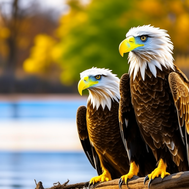male and female eagles close up with a lake and trees behind them., Detailed photo