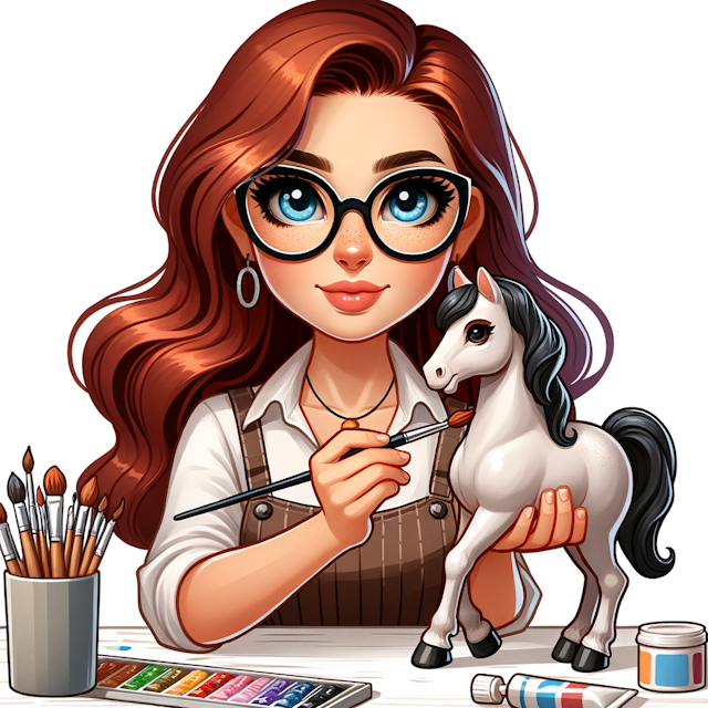 Cartoon style picture, a 25-year-old girl with dark red hair, blue eyes and black rectangular glasses holds a figurine of a horse in her hands and paints the figurine with a brush, the girl sits at a white table, on the table there are acrylic tubes, dry pastels and brushes