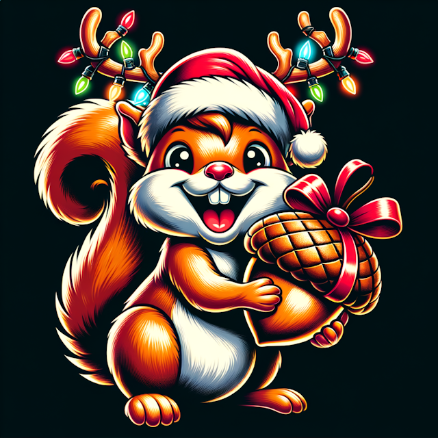  Create a vibrant, high-resolution vector illustration of an animated squirrel in a whimsical Santa hat merged with reindeer antlers, joyfully holding a festive acorn adorned with holly leaves and berries. The squirrel should be comically entangled in a sparkling, multicolored string of Christmas lights. This scene is to be set against a stark white background, perfectly suited for a holiday-themed t-shirt design.