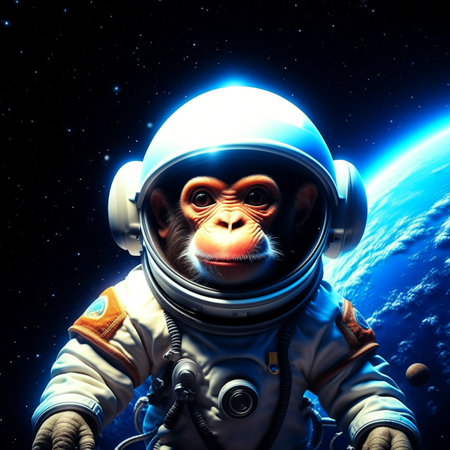 a monkey as an astronaut floating in space with planet Earth behind, the helm can see the whole monkeys face, in Pixar art style