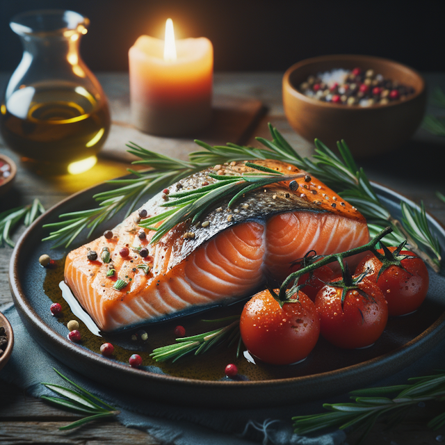 A magazine quality shot of a delicious salmon steak, with rosemary and tomatoes, and a cozy atmosphere