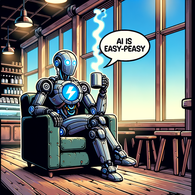 sci-fi cartoon featuring a robot holding a steaming coffee mug with a lightning bolt symbol on it, text bubble that reads "AI is easy-peasy", sitting at a table by bay window in a coffee shop interior