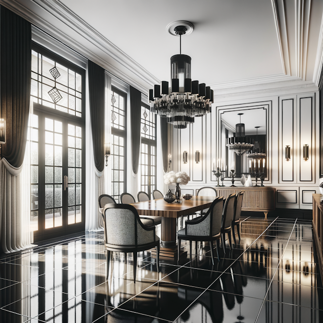 A dining room with large French doors and elegant, dark wood furniture, decorated in a sophisticated black and white color scheme, evoking a classic Art Deco style