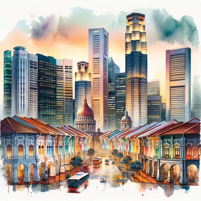 Singapore vibrant cityscape, captured in the style of a traditional watercolor painting, brought to life through the dynamic use of light and shadow.