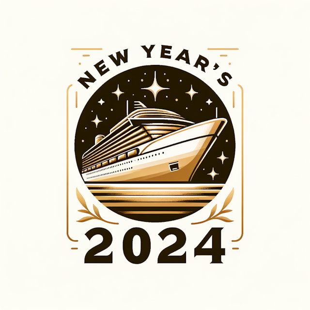 A sleek vector illustration of a modern cruise ship, rendered in a minimalistic style with golden and white hues, featuring elegant cursive text "New Year's 2024" overlaying the image, designed specifically for high-quality t-shirt print on a clean white background