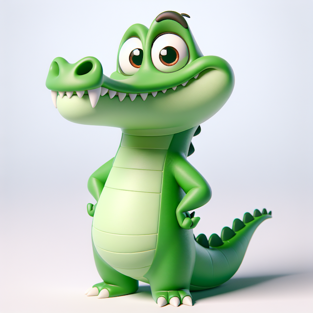 Funny cartoon green teenage crocodile 3D on its hind legs