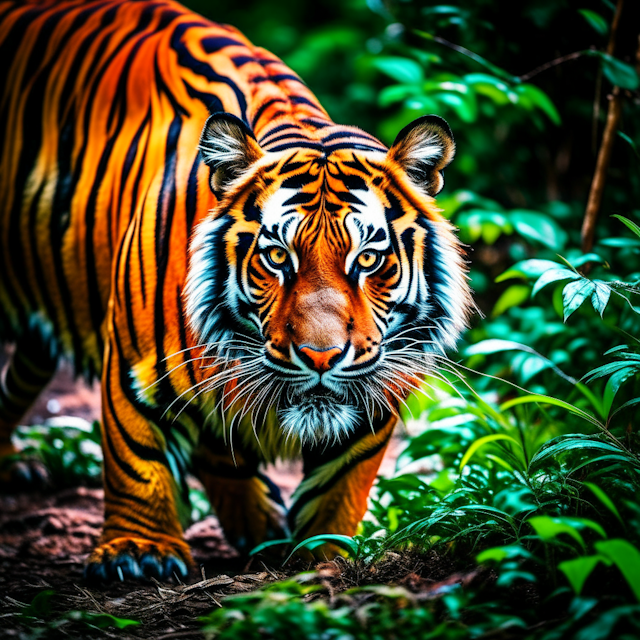 a fierce tiger in a lush jungle, painted with vibrant colors and high contrast, prowling and ready to pounce, captured with a telephoto lens to showcase the intricate details, wildlife photography