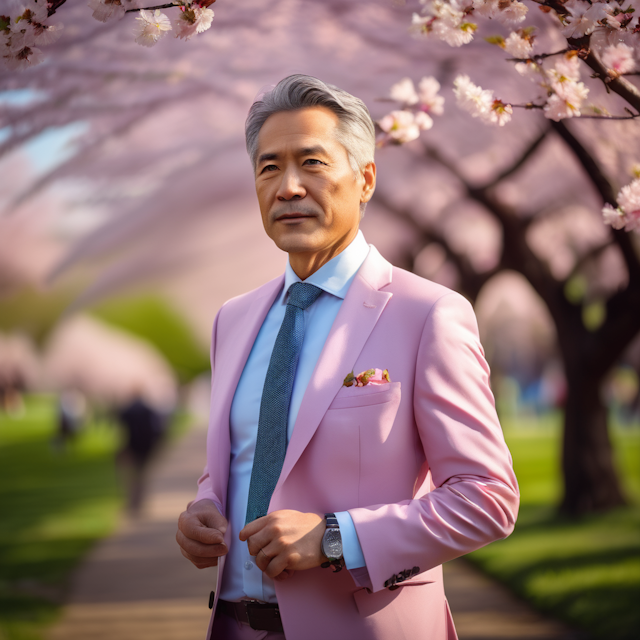  a middle-aged man in a suit admiring a blooming cherry blossom tree in a public park, painted with vibrant pastel colors, capturing the essence of springtime, serene facial expression, Canon EOS R, 50mm lens, nature-inspired, Portrait Photo