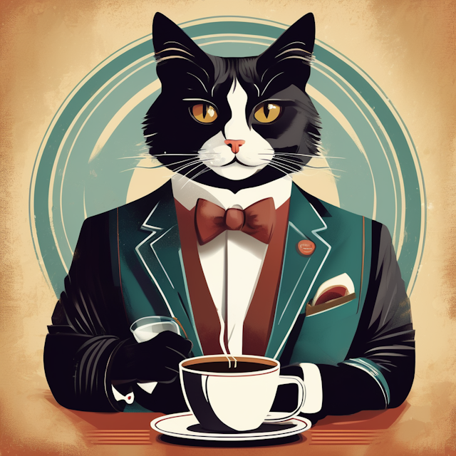 retro style, a suave tuxedo cat with a cup of coffee, styled in a graphic art style reminiscent of vintage advertisements, bold and vibrant colors, confident and playful expression, digital illustration with clean lines and retro textures, coffee shop vibes, Digital art