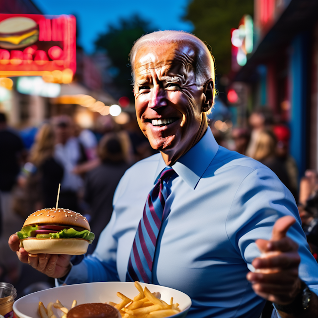 Joe Biden, captured in a candid moment enjoying a burger outdoors, in the style of a vibrant street photograph, with dynamic lighting and rich colors, genuine and relaxed facial expression, handheld shot, wide-angle lens to capture the bustling background, political figure