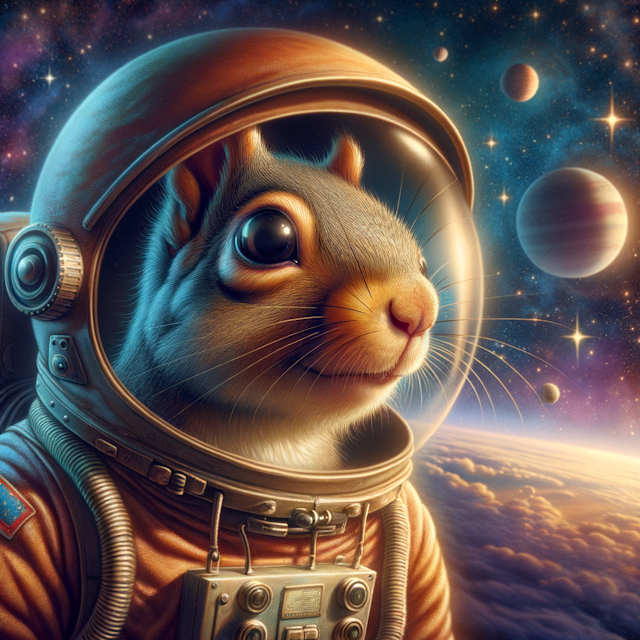 A squirrel in space, dressed as an astronaut, in the style of Walt Disney.