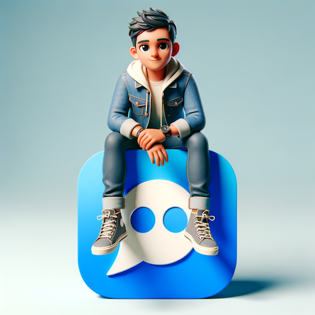 Create a 3D illustration of an animated characters sitting casually on top of a social media logo "WhatsApp". The character must wear casual modern clothing such as jeans jacket and sneakers shoes.