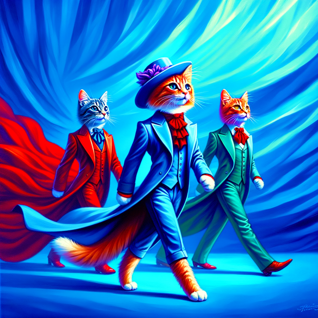 A blue background with colour Red, which has 3 cats, the first cat wearing a blue colt, and purple hat, the second a red gown and green hat and the third, a green suit with blue hat, all walking quickly in style and pride
