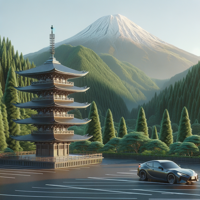 parking in front; background: forest hills, Japanese pagoda, mountain with snow on top