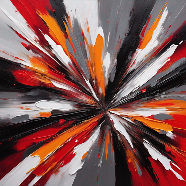 an abstract painting of bold and dynamic paint brush strokes, with a striking composition that draws the viewers eye, created in the style of a high-resolution digital artwork, utilizing ultra-detailed textures and clean lines, featuring a unique cracked effect in the background. The color palette consists of a mix of whites, blacks, greys, and contrasting pops of vibrant reds and oranges to create a captivating visual impact, Oil painting