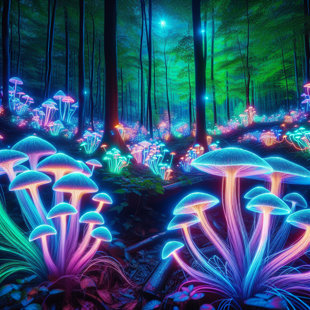a mystical night scene where glowing mushrooms are thriving in a dense forest. The electric neon colors add to the mood, creating a whimsical and dreamlike atmosphere. The visual treatment resembles the aesthetic of a long exposure photograph suggesting movement and giving a sense of the passage of time. It should have an artistic feeling inspired by nature itself, evoking the intricacy and beauty of a high-resolution digital camera like the Nikon D850.