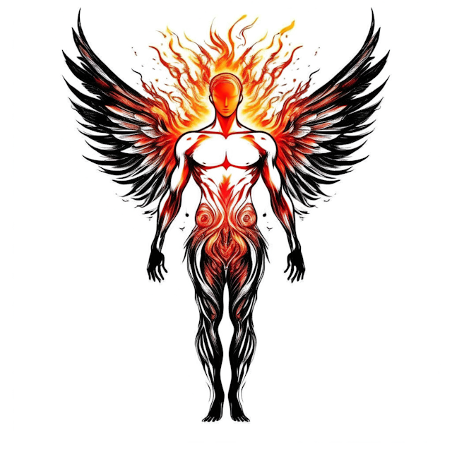 Angel of Fire tattoo art, man, fiery wings, all in fire back, front in fire, fiery sparks, consists of fire, simple line graphics, full-length, wearing sparkling futuristic fantastical edgy and regal themed glittering detailed, white and black, on white background, cut out background, abstraction