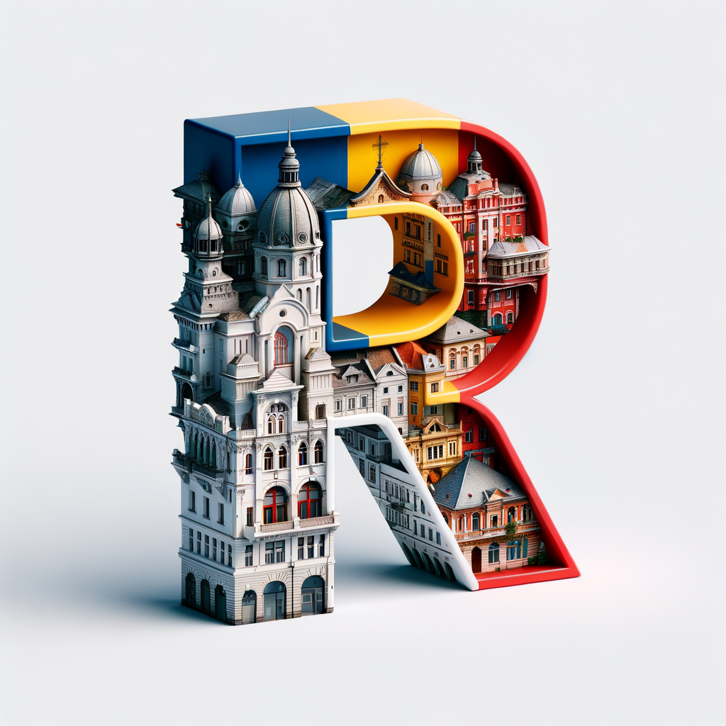 3D realistic letter of Romania Capital city, real color of buildings with letter "R" and flag