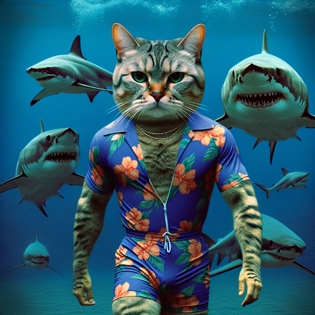 A cat with my boss face. Wearing a 90s swimsuit. Chased by a school of shark.