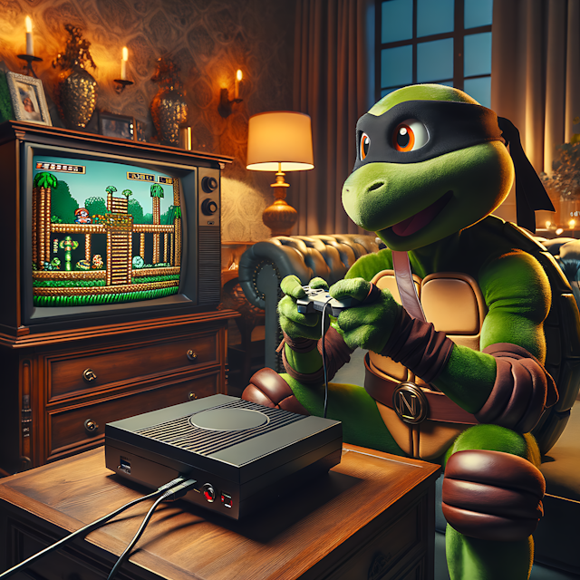 A ninja turtle playing video games, Cartoon