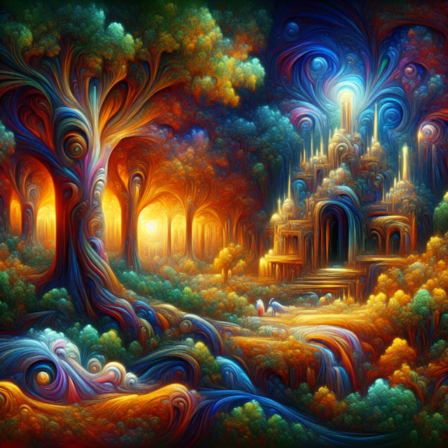 a mystical forest, replete with a concealed ancient temple. The imagery should be filled with vivid colors and unearthly light that encapsulates the spellbinding ambiance. There should be mysterious creature companions intertwined within the scene. Reflect on the style of artworks associated with 20th century surrealism, specifically emphasizing on elongated forms, exaggerated perspectives, and fantastical elements inspired by nature. This visual creation should encapsulate the medium of oil on canvas.