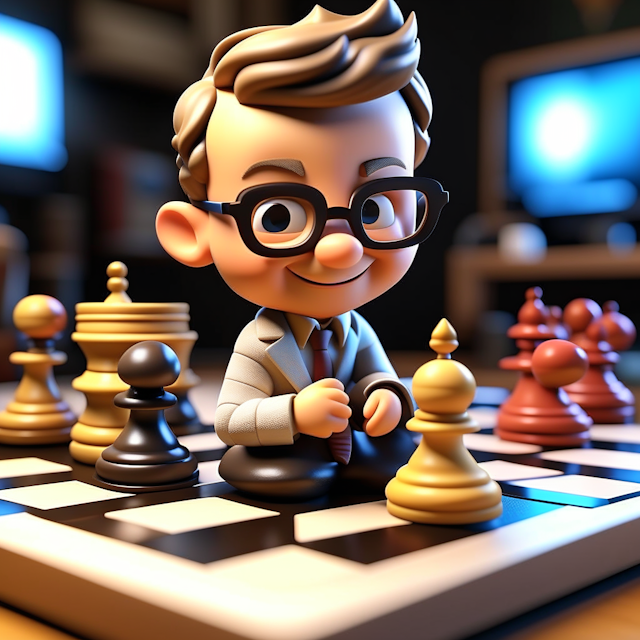 a 3D chibi Disney little man with glasses, fair complexion, a pointed nose, playing chess, and smiling