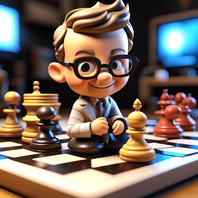 a 3D chibi Disney little man with glasses, fair complexion, a pointed nose, playing chess, and smiling