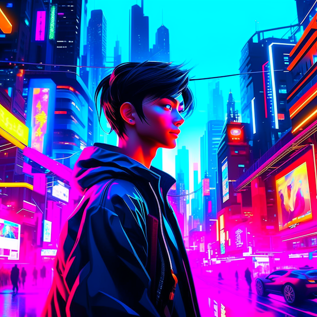 a futuristic cityscape at night, painted with vibrant neon colors, capturing the essence of cyberpunk aesthetics, bustling with activity, capturing the entire scene with a wide-angle lens, digital painting with bold brushstrokes a futuristic boy amazed eyes with a smile, vibrant neon colors, cyberprunk aesthetics, long hair, blue eyes, china flag background, different chinese apps around, Cyberpunk