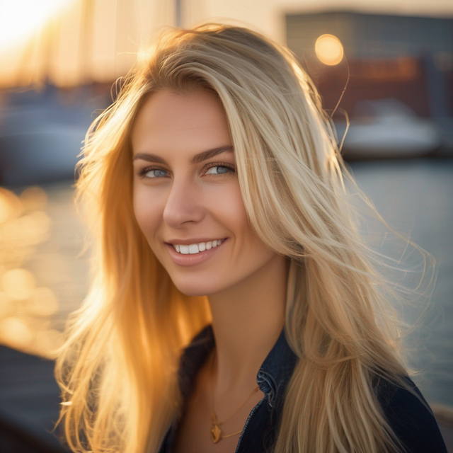 woman, with long blond hair, the sun illuminates her face, against the backdrop of the seaport, strong wind, photography, Nikon camera