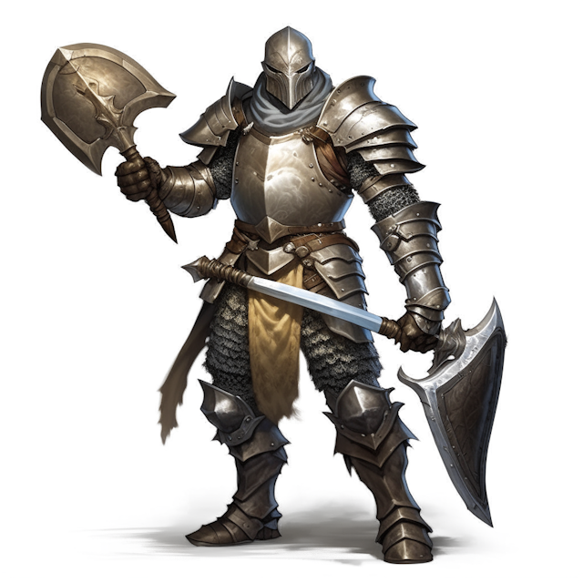 A character from the game dnd is a warforged  with a two-handed axe and in chain mail