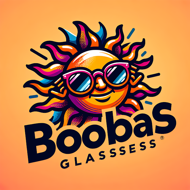 a vibrant and eye-catching logo for an optical store, featuring an iconic sunglasses-wearing sun. The logo should be designed in a modern style, incorporating bold and contrasting colors. Use a playful, cartoonish illustration of the sun with stylish sunglasses, emphasizing its cool and trendy appearance. The logo should have a sleek and polished finish, reflecting the professionalism and quality of the store. Consider using digital illustration techniques to create clean lines and smooth gradients. This logo will be perfect for attracting customers and conveying a sense of style and expertise in eyewear. The name of the store is "Boobas Glasses"