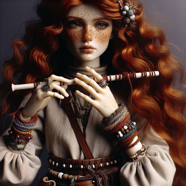 An image of a female Air Genasi bard with delicate porcelain skin, green eyes, and a thin build. She has deep red wavy hair adorned with freckles across her face. Her left hand is decorated with a variety of leather and rope bead bracelets. At her waist, she wears a belt densely adorned with small beads, ropes, threads, and leather inserts. Her hands are holding a flute, elegantly poised to play. Her hair is voluminous and wavy, creating an exciting yet tranquil atmosphere.