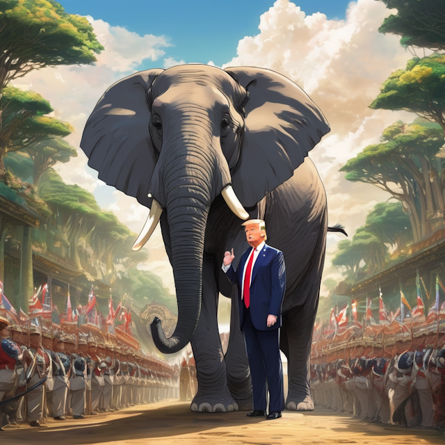 a majestic elephant standing with Donald trump , Anime