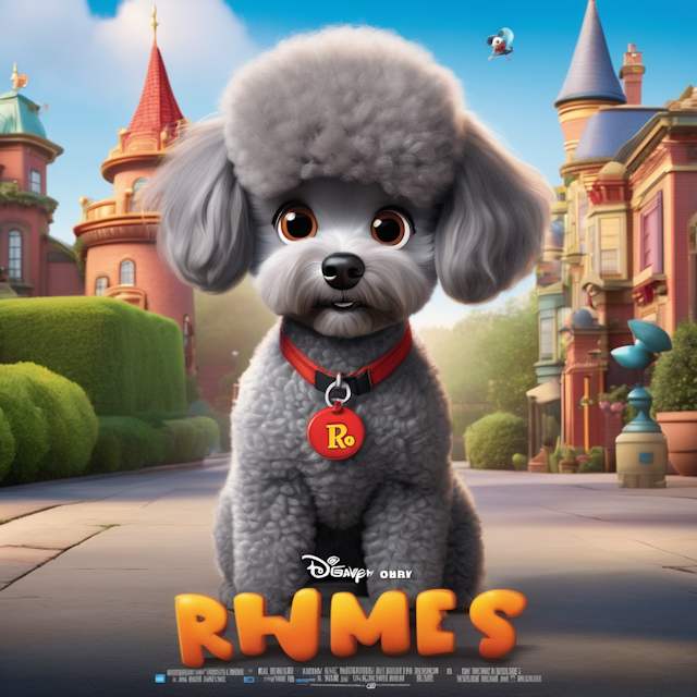 Disney Pixar-style movie poster with a fluffy grey toy poodle as the main character.