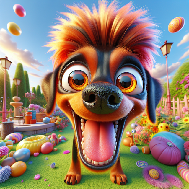 an adorable doberman with an exaggeratedly crazy face, big eyes expressive of madness, detailed fur, whimsical, vibrant colors, charming, playful lighting, high quality, 3D animation, lively, detailed mane, cute, cheerful, sunny day, Pixar style