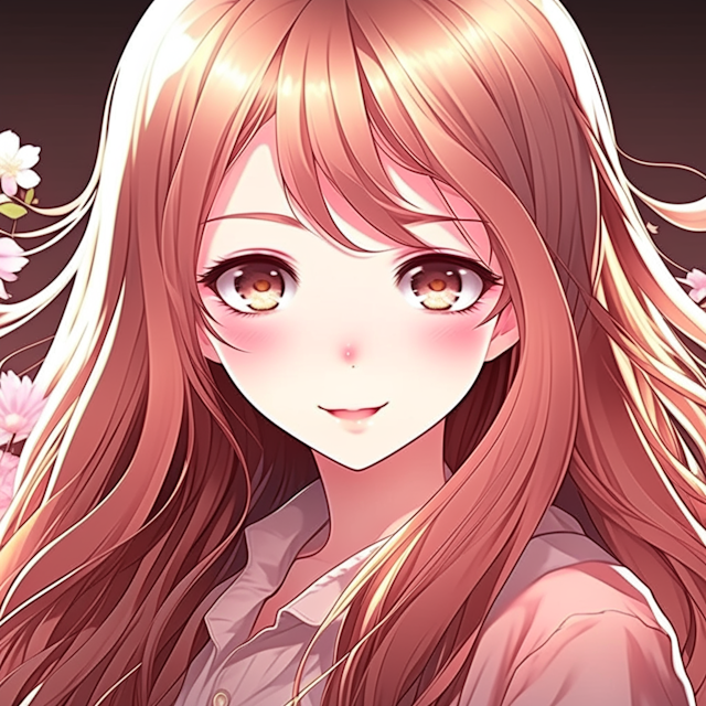 A gorgeous anime girl with long light brown hair, pale pink eyes, and light skin