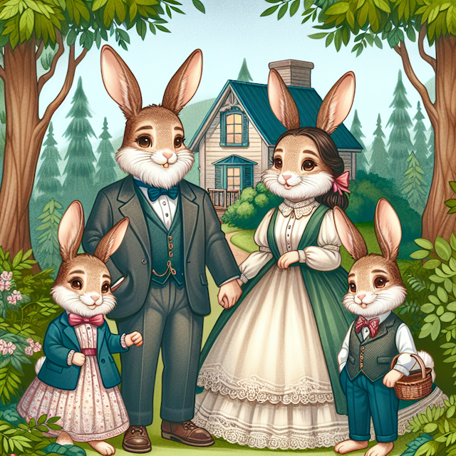 A rabbit family with father, mother, 1 sister and 1 brother who wears formal clothes living in a cozy house in the forest