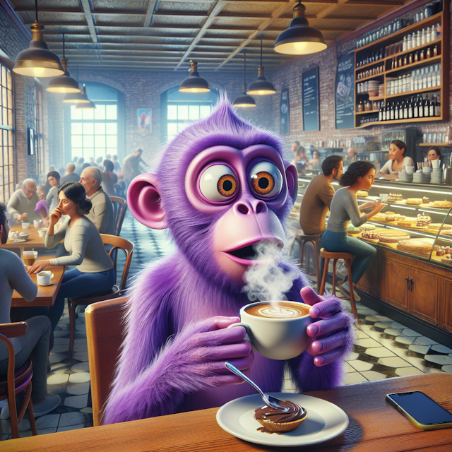 A unique image capturing the incredible scene of an animated purple monkey in a coffee shop. 