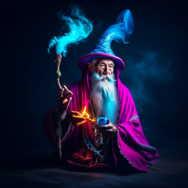 a wise and powerful wizard necromancer, surrounded by a mystical aura, smoking enchanted gnome weed from an intricately crafted wizard pipe, in the style of vibrant and surreal colors, capturing the essence of magical energy, mystical facial expressions, captured with a high-quality digital camera, professional studio lighting setup, fantasy-inspired