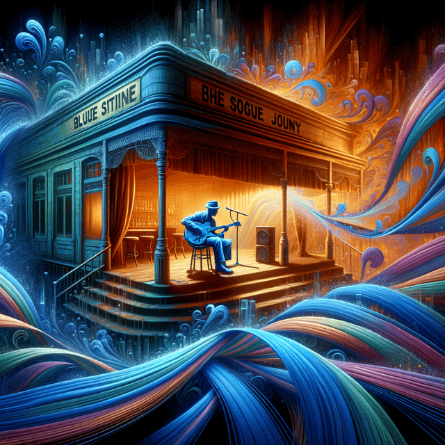 A blues album cover visualizing a vintage juke joint positioned at the intersection of reality and fantasy. This vibrant music venue pulsates with soulful rhythm as the blues musician who is performing, metamorphoses his guitar strings into ethereal ribbons. These mesmerizing ribbons quiver and flutter as they intricately weave in and out of the tangible fabric of time, symbolizing the powerful influence of blues music throughout different eras.