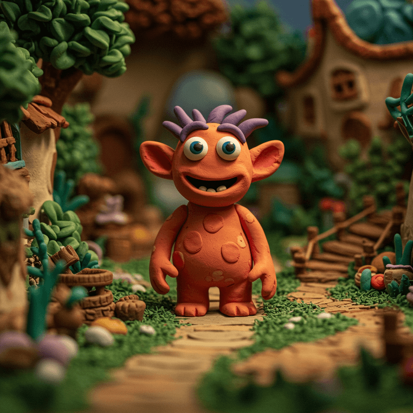 Whimsical claymation character with exaggerated features and visible texture, posed against a handcrafted miniature set