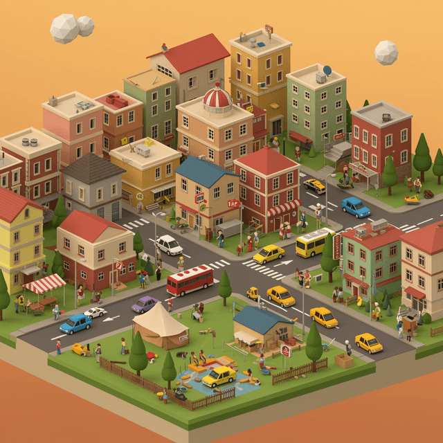 Colorful isometric cityscape with tiny buildings, vehicles, and people in a geometric 3D perspective