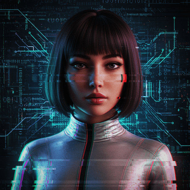 Digital glitch portrait with pixelated distortion, RGB shifts, and data corruption effects on a modern technological background