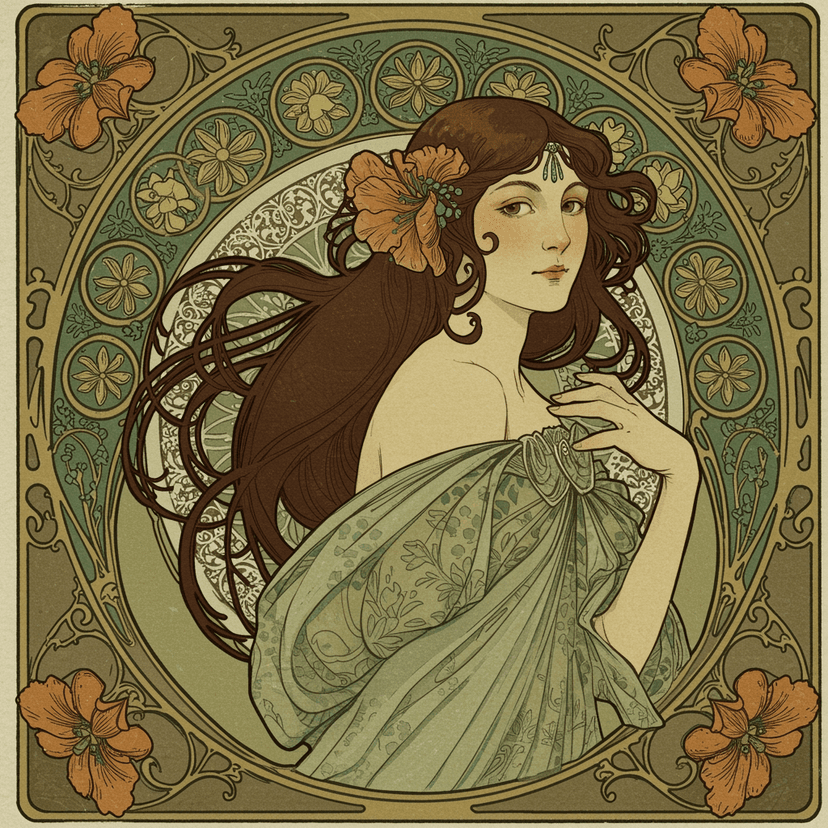 Ornate Art Nouveau illustration of woman with flowing hair surrounded by decorative floral elements and curved lines