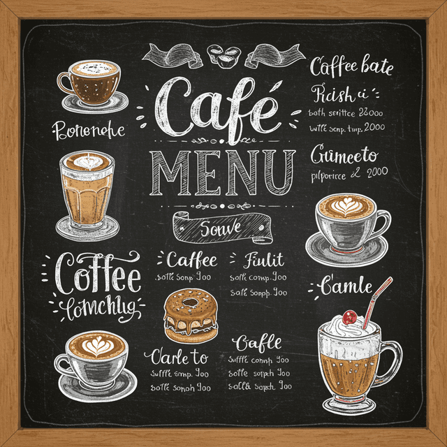 Hand-drawn style cafe menu on blackboard with chalk lettering, illustrations, and smudge effects
